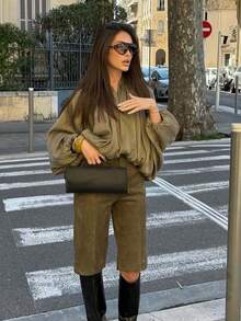 Chaqueta bomber verde oversize para mujer - Chaqueta casual con manga larga y cremallera delantera - Verde militar - Ver 6