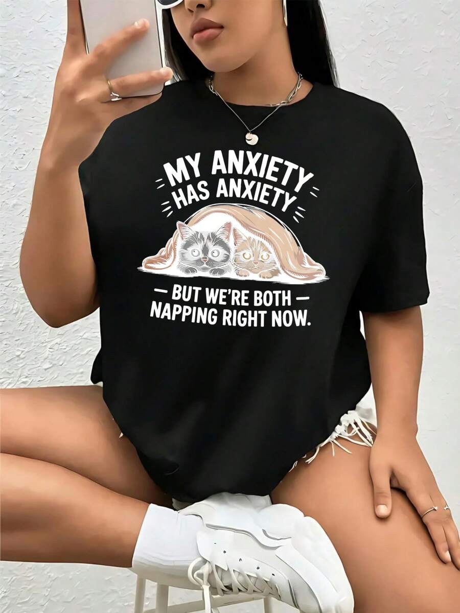 Women's Oversized-Shirt Black And White Color Options Anxiety Nap Graphic Print Casual Loose Fit Summer Top Women Comfortable Cotton Crop Tee Stylish Graphic Tees Women Summer Outfits Cute Vintage Design Clothes Women Shirts Summer Tops Graphic Tees Summer Outfits Women Graphic Tees Women Crop Tops Tops Women Vintage Cotton Cute Clothes Women - màu đen - Xem 1