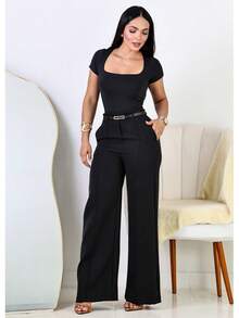 Kit 2 Calça Pantalona Alfaiataria Social Feminina Elegante C/ Cinto - Preto / Cinza - Visão 6