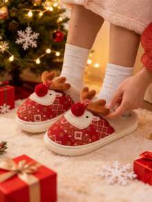 Pantuflas de felpa cálidas con puntera redonda con diseño de reno de dibujos animados, pantuflas interiores lindas con renos, regalo de Navidad a la moda