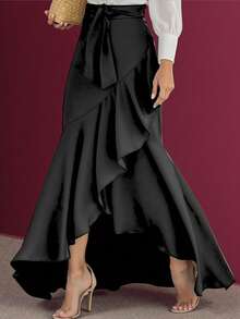 Women's Solid Color Belted Bodycon Asymmetric Ruffle Hem Elegant Skirt, Suitable For Casual, Date, Halloween, Autumn/Winter - Black - View 1