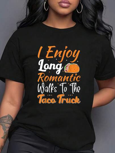Disfruto de largas caminatas románticas al camión de tacos, camiseta de tacos mexicanos, camiseta gráfica para mujeres, tops cortos, conjuntos, tops, camiseta