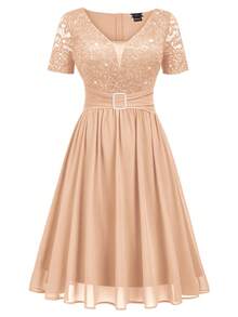 Deep V Neck Sequin Floral Lace Contrast Chiffon Pleated Hem Prom Party Swing Dress,For Birthday, Wedding Guest, Graduation Homecoming - Rượu sâm banh - Xem 7