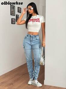 Women's Fashionable Pleated Skinny Cargo Jeans - Blue - View 6
