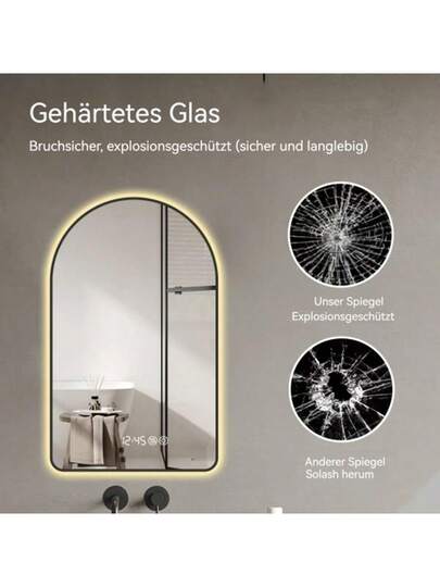 60 120 Cm Arched LED Bathroom Mirror, Time Temperature Display, Backlit, Anti Fog, Dimmable, Three Temperatures Moderne Vanity Ideal Above The Sink, Zwart Frame view 5