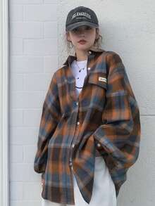 Plaid Print Pocket Button-Up Shirt With Faux Pocket Design, Random Fabric Panels