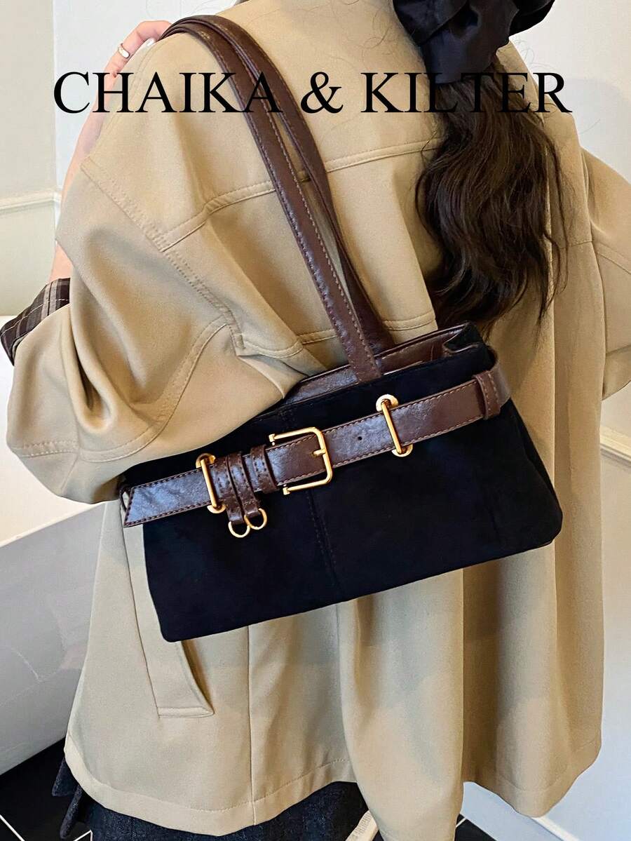CHAIKA & KILTER 1pc Solid Color Suede-Like Fabric With PU Leather Shoulder Bag, Vintage Fashion Hobo Bag With Strap Decor, Zipper Closure, Dual Handles, Suitable For Daily Use