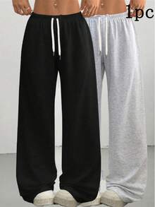 1pc Black Loose Fit Drawstring Design Casual Wide Leg Pants, Suitable For Outdoor Sports, Daily Wear In Summer & Autumn, Great Gift For Girlfriend Back To School Season