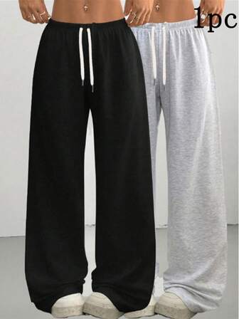 1pc Black Loose Fit Drawstring Design Casual Wide Leg Pants, Suitable For Outdoor Sports, Daily Wear In Summer & Autumn, Great Gift For Girlfriend Back To School Season