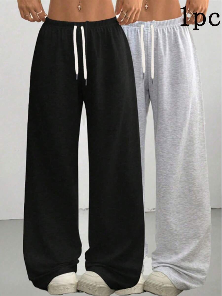 1pc Black Loose Fit Drawstring Design Casual Wide Leg Pants, Suitable For Outdoor Sports, Daily Wear In Summer & Autumn, Great Gift For Girlfriend Back To School Season