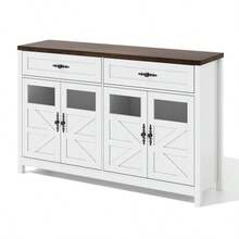 Credenza da pranzo con spazio di archiviazione, buffet lungo 140 cm con 4 ante e 2 cassetti grandi, credenza da pranzo con bancone bar in stile contemporaneo, bianco