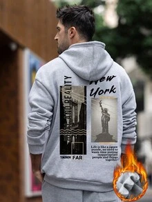 Zrgoth 男士秋冬休闲街头纽约地标图案连帽卫衣 - 灰色 - 查看 3