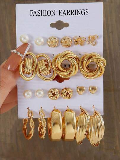 European & American Cross-Border Metal Square Geometric Pearl Alloy Hoop Earrings Set For Women