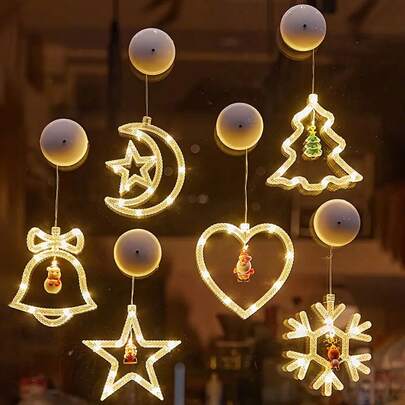 Christmas LED Suction Cup Wall Hanging Light - Operation Free&Dimmable Lighting - Battery Powered (3xAAA), Heart-Shaped, Star, Snowflake, Tree Shaped, Bell And Wreath Shaped, Suitable For Christmas, Weddings, Parties, Windows, Mirrors Tall, Energy-Saving LED Indoor/Decorative Light (Battery Not Included)