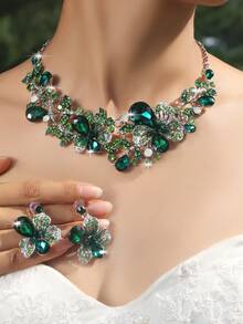 1 set di gioielli di lusso con pendente floreale e orecchini decorati con cristalli, accessori per matrimonio e festa per le donne - fiori - Visualizzare 15