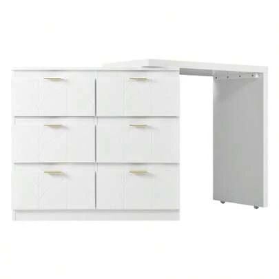 Dressing Table With Side Table, Office Table With 6 Drawers, Gold-Plated Handles, Rotating Tabletop (180°), Lacquered, Floral Pattern, Shock-Resistant Rounded Corners, 40D X 73H, White (Without Mirror And Stool)