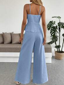 Set de 2 piezas Mono sin mangas de lino blanco y pantalones palazzo - Azul - Ver 4