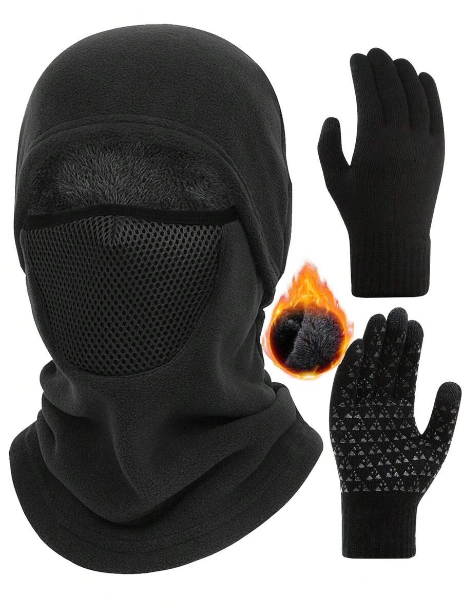 Winter Knitted Balaclava Beanie Hat+Anti-Slip Touch Screen Gloves Set For Women Men,Warm Cycling Ski Mask, Women Windproof Hood, Balaclavas Heavyweight Thermal Fleece