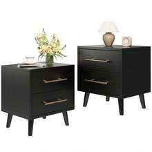 [2pc]Modern Nightstand With Drawers, 2 Drawer Dressers With Gold Handles, End Side Table For Bedroom, Living Room, Black - 黑色 - 查看 1