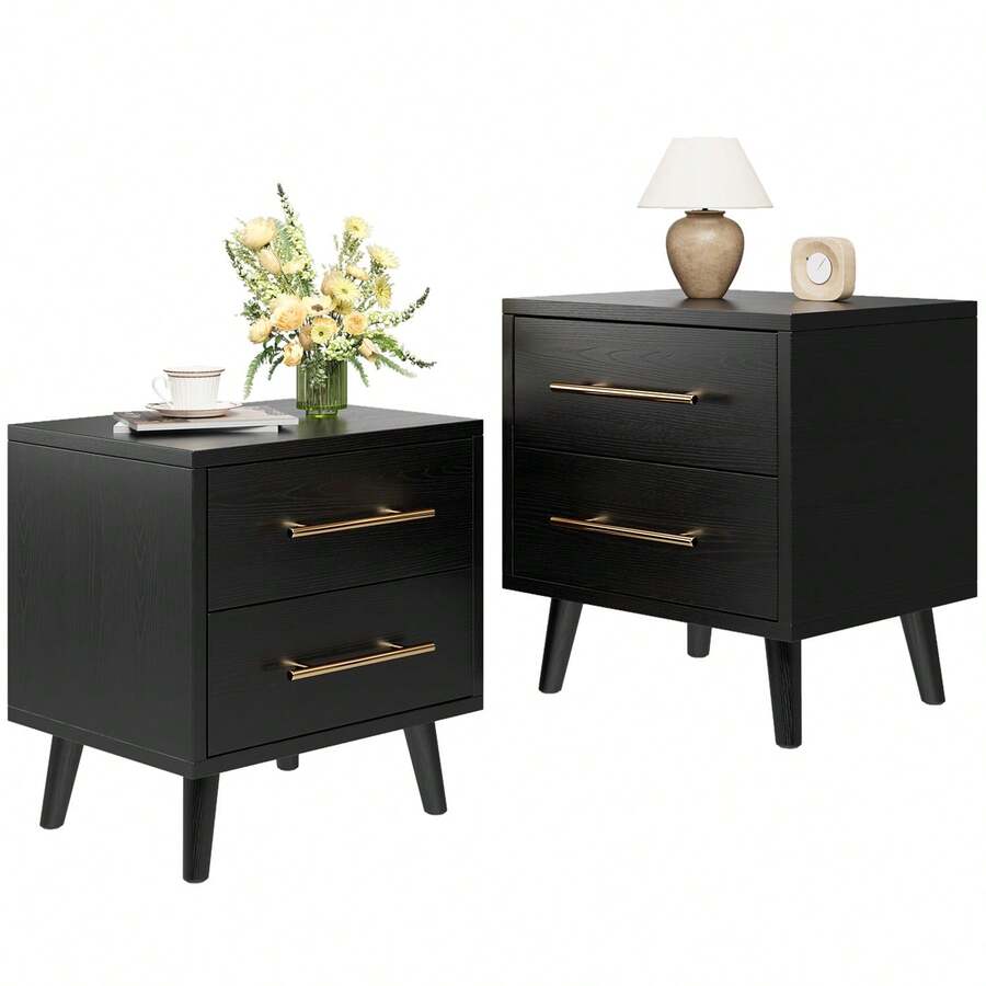 [2pc]Modern Nightstand With Drawers, 2 Drawer Dressers With Gold Handles, End Side Table For Bedroom, Living Room, Black - 黑色 - 查看 1