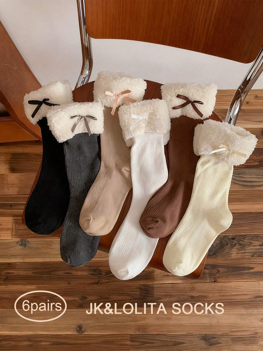 1 Pair Fluffy Bow Lolita Mid-Calf Socks For Women, Thick Lamb Wool Blend, Elegant, Comfortable, Soft, Casual, Suitable For Spring/Summer, Elegant Japanese Style Daisy Embroidered Casual Short Socks