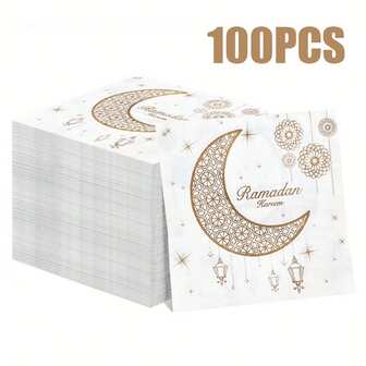 100/60/20pcs 13 * 13 Inch Ramadan Themed Crescent Star Patterned Disposable Napkins, Used For Restaurant Decoration During Eid Al Fitr Celebrations, Banquets, Family Gatherings, Friend Dinners, And Halal Dining Periods