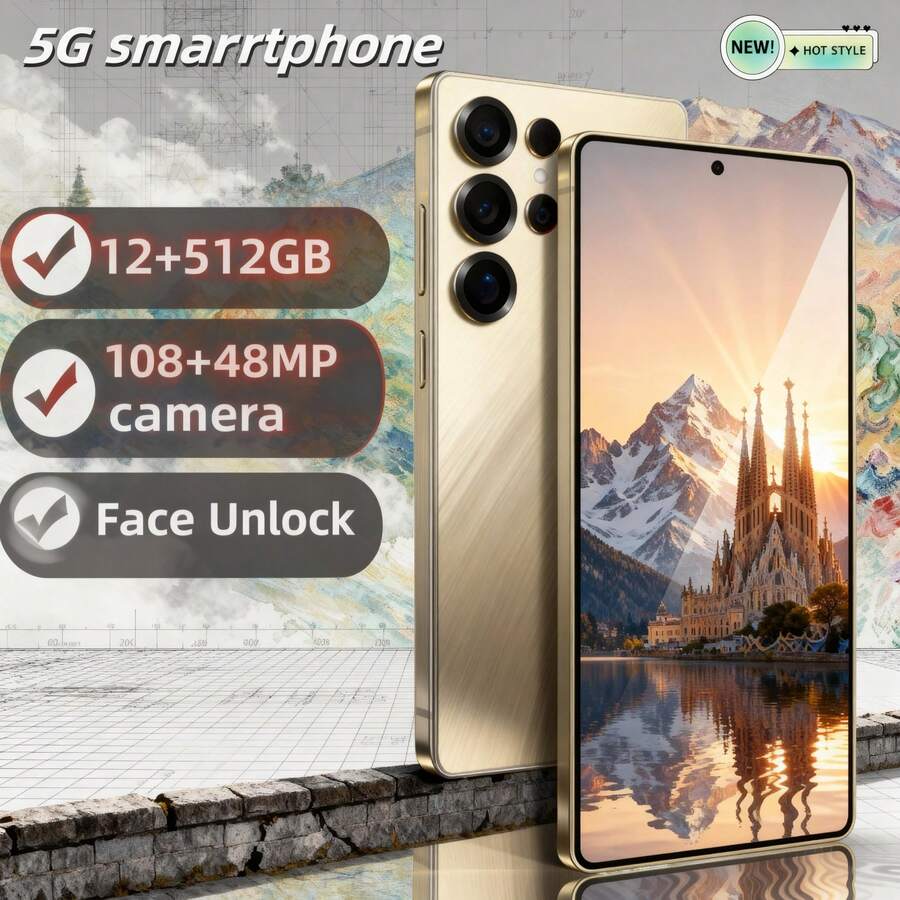 W&O S25 Ultra Android 14 Smartphone – Dual SIM, 12 GB RAM, 512 GB Storage | 6.8-Inch Display, 108 MP Pro Camera System, 7300 MAh All-Day Battery. Includes S Pen Stylus, Fast-Charging Bundle (Earbuds, Earphone Case, USB-C Cable, Screen Protector). Premium Phablet For Travel & Students – Perfect For Vacations/Birthdays - 金色 - 查看 1