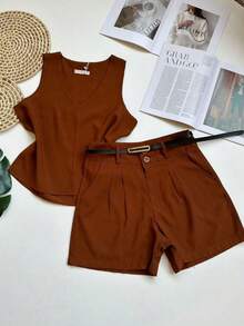 Marrant Women's Set, Casual Chic Summer Style – Sleeveless T-Shirt And Shorts With Belt, Comfort And Freshness - 深棕色 - 查看 1