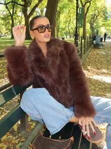 HH 女式冬季优雅纯色仿皮草效果长袖开衫外套女式休闲高街口袋外套 - 棕色 - 查看 8