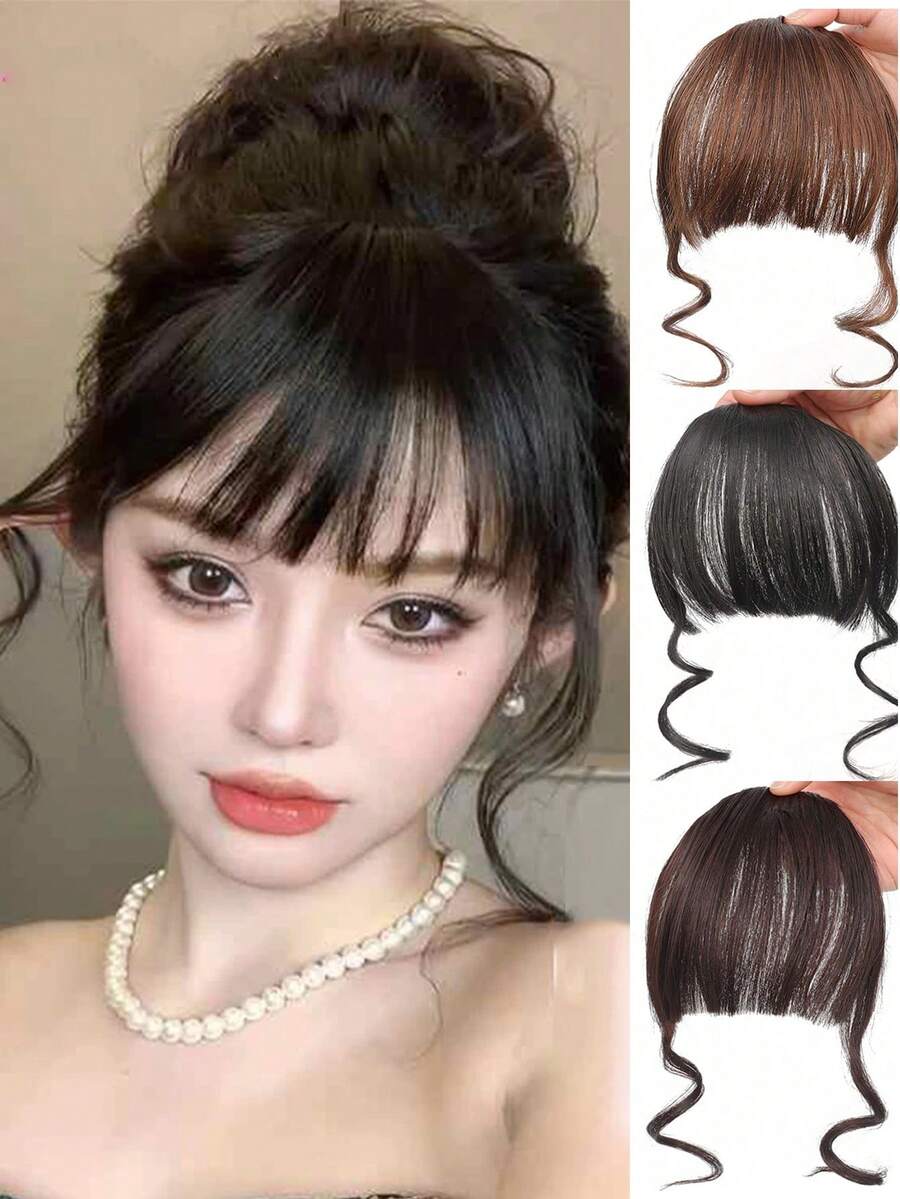 合成纤维女士假发片，3D法式刘海，自然蓬松轻盈，完美遮盖白发，蓬松手工编织透气网底，法式中分刘海，复刻版假发 - 彩色 - 查看 1