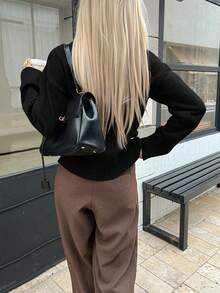 Women's Black Round Neck Long Sleeve Knit Cardigan, New Casual Loose Soft Sweater, Fashion Elegant Minimalist Solid Color, New Year Top - Black - View 2