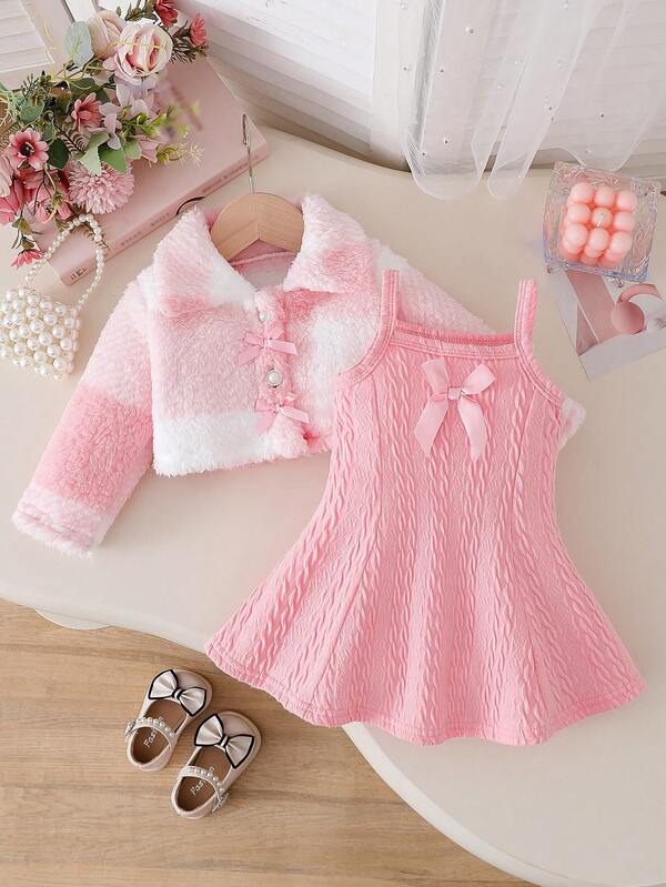 Conjunto de 2 piezas para niñas bebé con chaqueta de manga larga con cuello de piel y lazo, y vestido de línea A de unicolor, estilo princesa, versátil, adecuado para salidas, otoño/invierno