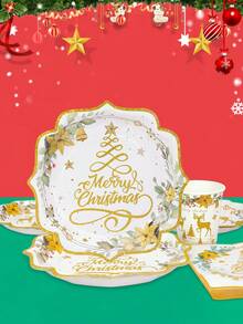 10pcs/20pcs/50pcs/80pcs Merry Christmas Reindeer Party Supplies Kit Christmas Deer Tree Snowflake Tableware Xmas Winter Disposable Dinnerware Paper Napkin Plate Cup For Holiday Dinners Christmas Parties And Winter Events - Multicolor - View 5