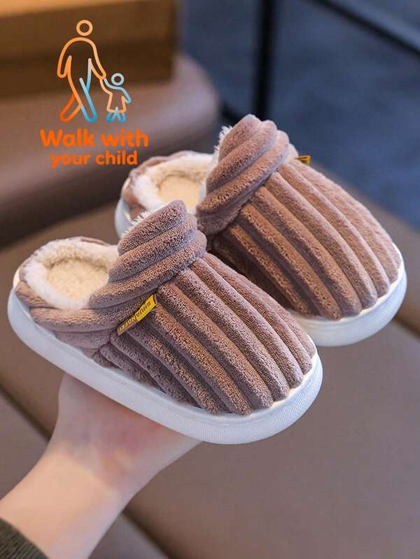 Walk With Your Child 1 Pair Fashionable Striped Anti-Slip, Warm And Cute Plush Slippers, Children's/Teenagers' Slippers