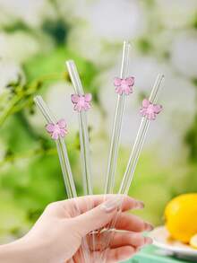1 Piece Butterfly Pattern/Cute Bow Glass Straws - Reusable, Suitable For Juices And Drinks - Perfect For Kitchens And Restaurants, Back To School Supplies - Multicolor - View 4