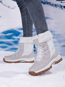 Botas de nieve para mujer, con patrón texturizado cálido, cordones para deportes al aire libre, forro de felpa, antideslizante, adecuado para uso en interiores y exteriores, invierno