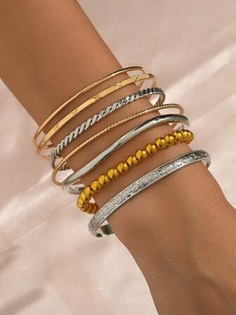 1-7pcs Minimalist Vintage Coin Textured Geometric Pattern Bracelet, Suitable For Women For Daily Wear, Parties, Gatherings, Christmas, Thanksgiving, Mother's Day, Paired With Casual And Denim Outfits