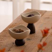 Vintage Ceramic Bowl With Sturdy Wooden Base - Triangular Ceramic Bowl, Reusable Multipurpose Dessert Bowl For Home And Restaurant, Hand Wash Only, Creative Fruit Snack Cup, Novelty Tableware, Textured Surface | Kitchen Decor - Multicolor - View 5