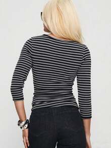Women 3/4 Sleeve Textured Stripe T-Shirt Round Neck Tops - Dark Grey - View 2