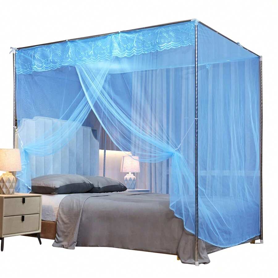 Canopy Bed Curtains, 4 Corner Post Lace Trim Princess Bed Canopy, Mosquito Net For Adult Kids Bedroom - Blue - View 1