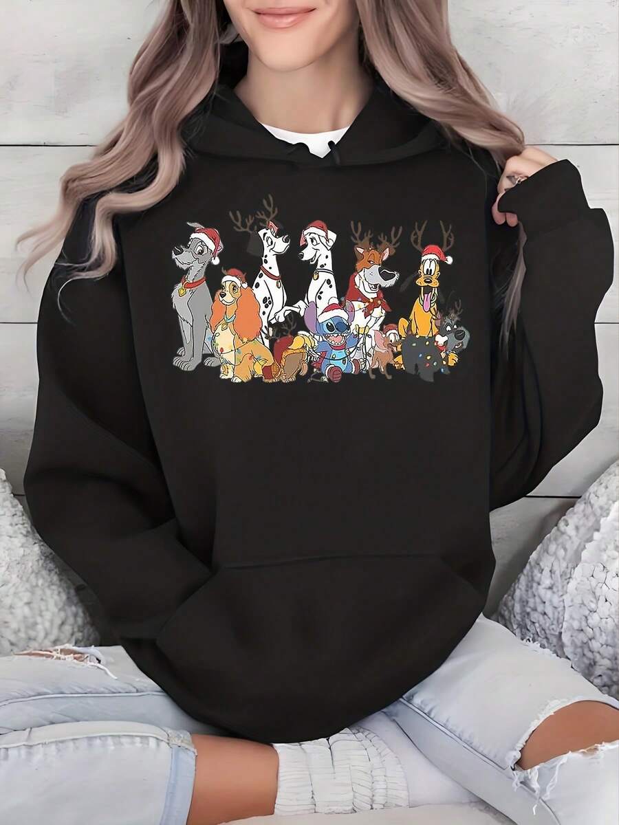 Disney Women's Hoodie Christmas Characters Holiday Theme Pattern Print With Festive Hats And Decorations Christmas Characters Dalmatians Dogs Stitch Pluto And Friends Wearing Santa Hats Casual, Long Sleeve, Everyday Outdoors Hoodie Suitable For All Season, For Any Occasion Christmas - 黑色 - 查看 1