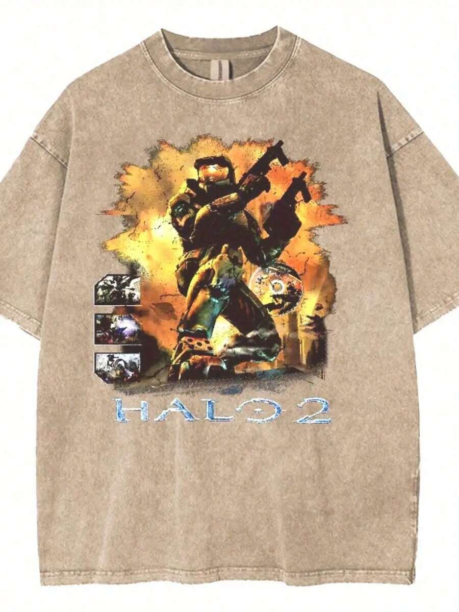 Washed Halo 2 T-Shirt Oversized Unisex Acid Wash Lightweight Cotton T-Shirt, Game Enthusiast, Fabric Mens Top Collar Streetwear Cropped T-Shirt Edgy Street Style Fashion, Perfect For Daily & Party Outfits - 卡其色 - 查看 1