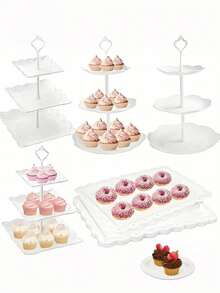 3-Tier White Cake Stand - Multifunctional Dessert And Cupcake Display Tower With Trays, Suitable For Weddings, Birthdays, Graduations, European Afternoon Tea Dessert Buffet, 3-Tier Cake Stand, Creative Multi-Layer 10-Piece Cake Stand White Plastic Dessert Table Display Set, 4-Piece 3-Piece Tired Cupcake Stand Cookie Tray Serving Platter Cake Display Tower And 6-Piece Dessert Trays For Weddings, Baby Showers, Tea Parties - Multicolor - View 4