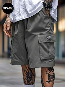 3pcs Men's Cargo Shorts With Multiple Pockets Men's Loose, Non-Elastic, Solid Color Multi-Pocket Work Shorts - Casual, Loose Shorts For Casual Wear, Summer Casual Wear Shorts Cropped Pants - 卡其+灰+黑 - 查看 5