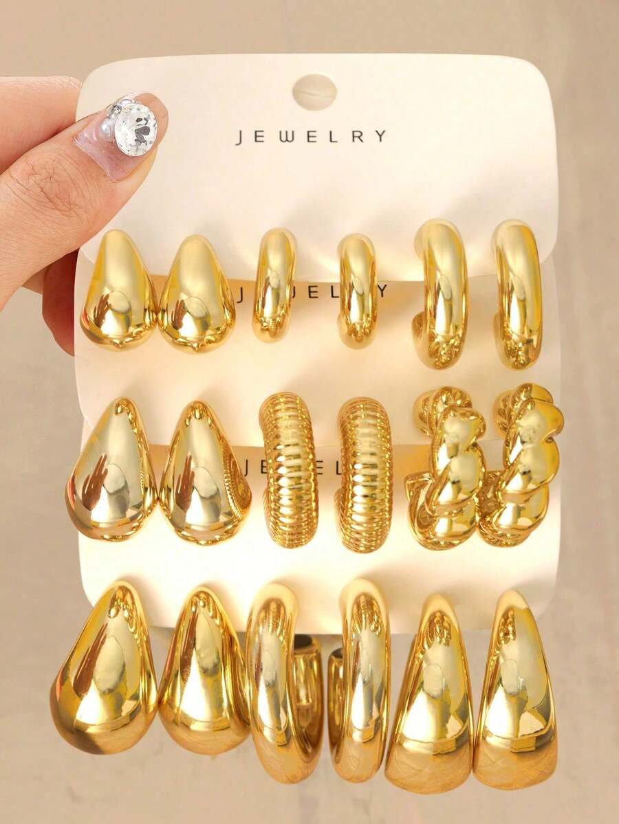 6-18 件/套超大 C 形编织条纹环和泪珠耳环套装，夸张嘻哈配饰，日常珠宝 - 查看 1