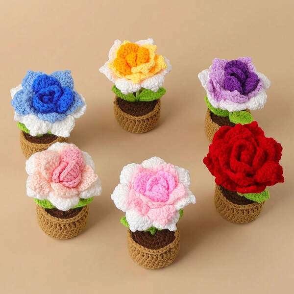 1pc Handmade Crocheted Rose Potted Plant, Faux Flower Decor, Healing Desktop Greenery, Gradient Dyed, Suitable For Birthday Blessings, Housewarming, Gifts, Office Decoration, Minimalist & Fresh Style