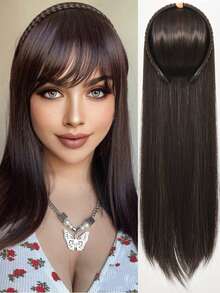 合成长直发半头带假发夹式接发蓬松自然浅棕色假发片，带发带 - 彩色 - 查看 11