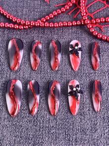 Bộ 10 miếng dán móng tay màu đen và đỏ dành cho nữ, móng giả acrylic bóng, có thể tái sử dụng với họa tiết hoa đỏ, trắng và ngọn lửa, kèm keo dán móng, thích hợp cho Halloween, tiệc Giáng sinh, hẹn hò và sử dụng hàng ngày. - Đỏ và trắng - Xem 4