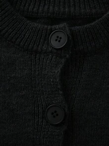Women's Black Round Neck Long Sleeve Knit Cardigan, New Casual Loose Soft Sweater, Fashion Elegant Minimalist Solid Color, New Year Top - Black - View 6