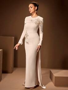 Đầm maxi dài tay cổ tròn màu trơn dành cho nữ, kiểu dáng thanh lịch với họa tiết bèo nhún, cổ áo choàng mềm mại, thích hợp cho các dịp trang trọng như dạ hội, tiệc tùng, tiệc cưới, mùa xuân. - Màu be - Xem 4